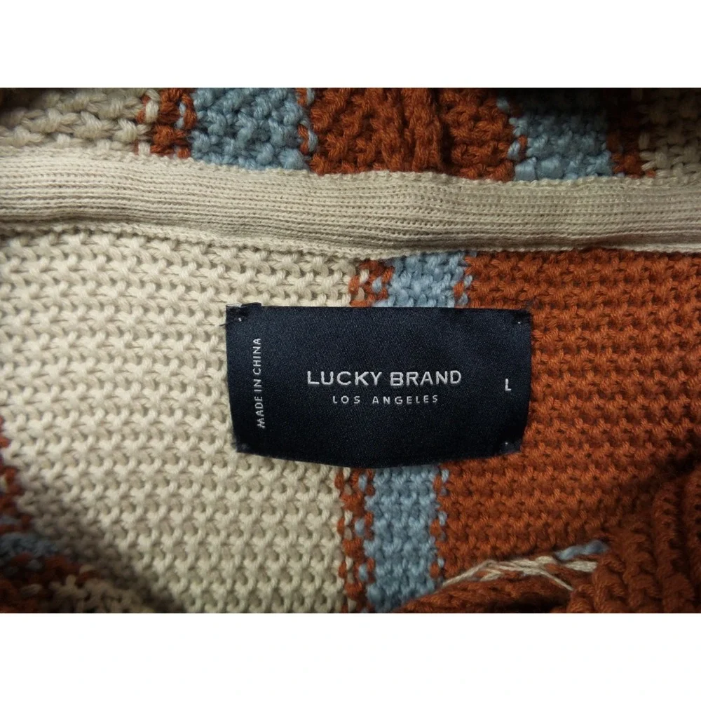 Lucky Brand Sweater Mens Size Large Beige Orange Knit Baja Stripe Hooded NWT - Picture 8 of 12
